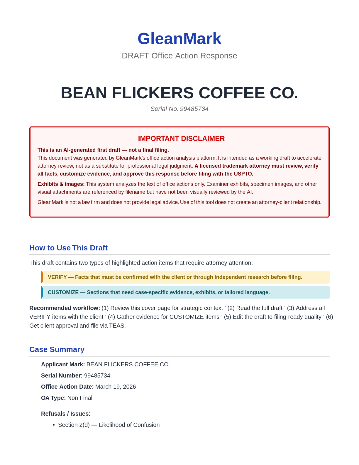 BEAN FLICKERS COFFEE CO. office-action response — cover / case assessment