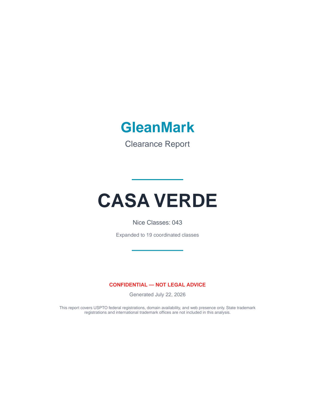 CASA VERDE clearance report — cover page