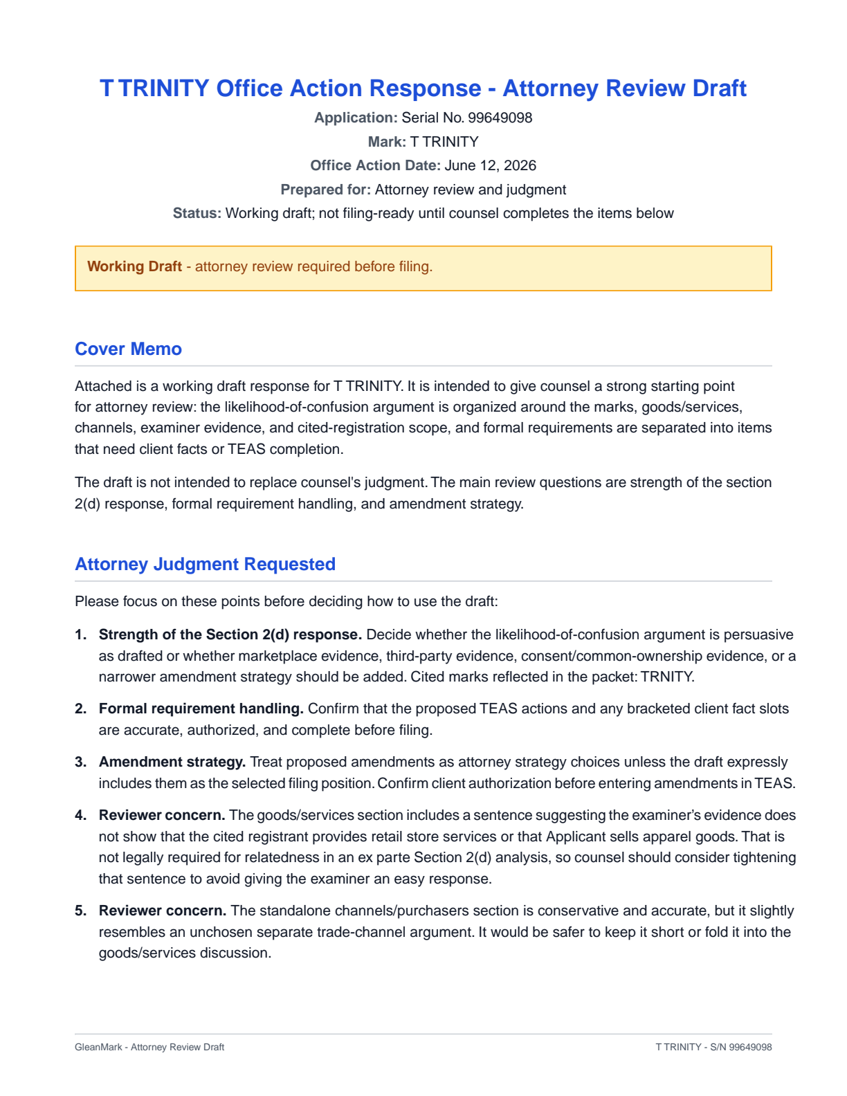 T TRINITY office-action response draft — cover / case assessment