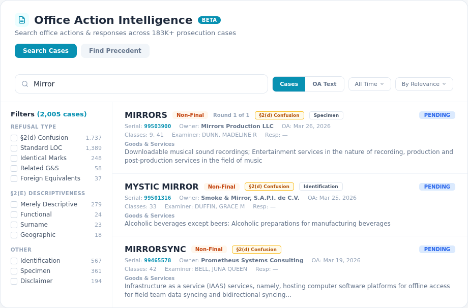 Office Action Intelligence — search OA cases by refusal type, examiner, and outcome