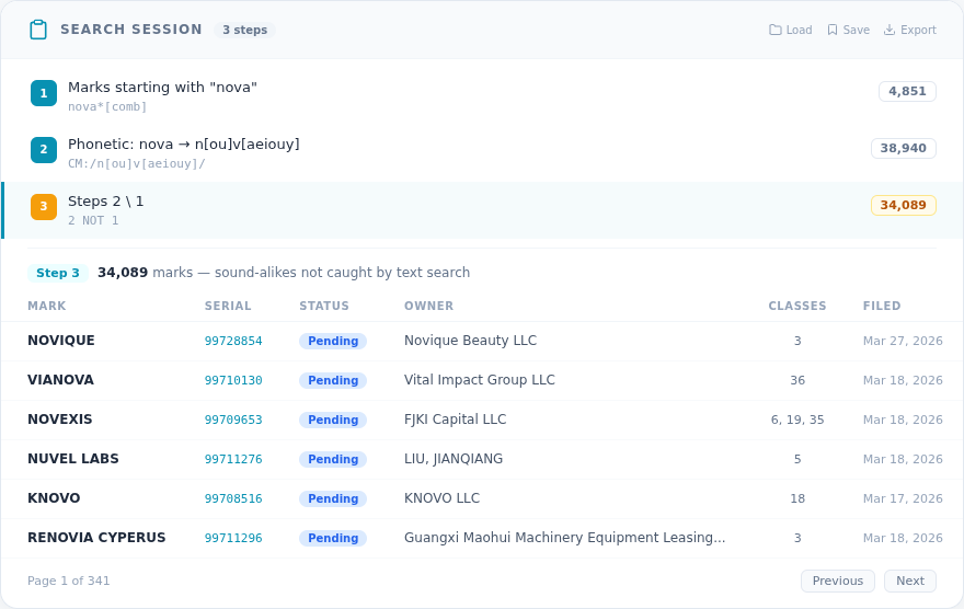 TESS-style Examiner Search with field codes, phonetic expansion, and set operations