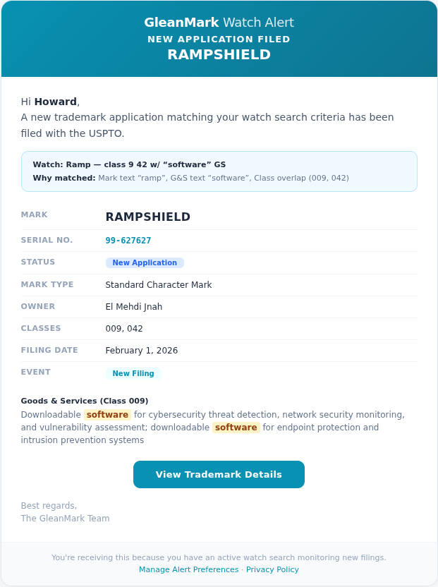 Watch alert email showing a new filing match with trademark details, match reason, and goods & services excerpt