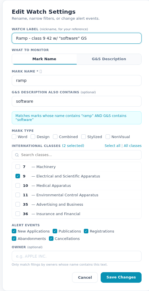 Watch search setup form showing mark name, G&S filter, class selection, and alert event configuration