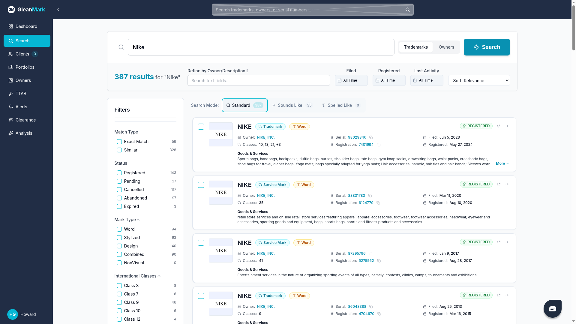 GleanMark search results for Nike trademarks