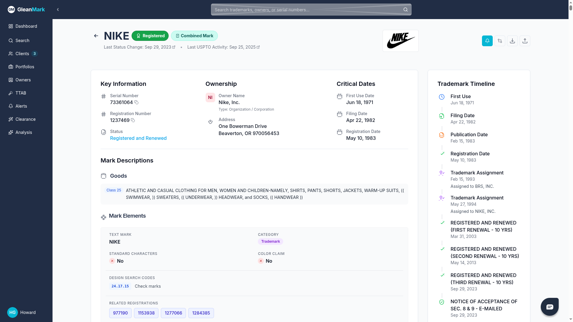 Detailed trademark information page