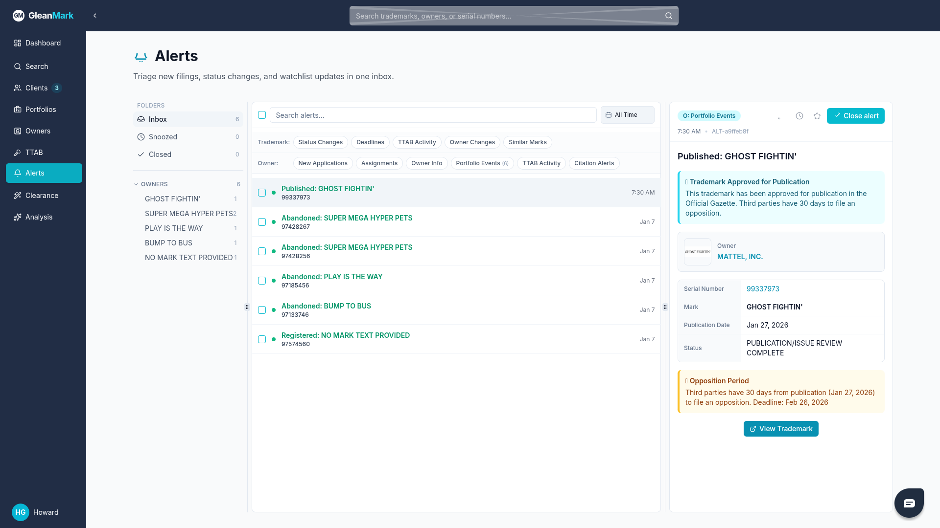 Real-time trademark alerts dashboard