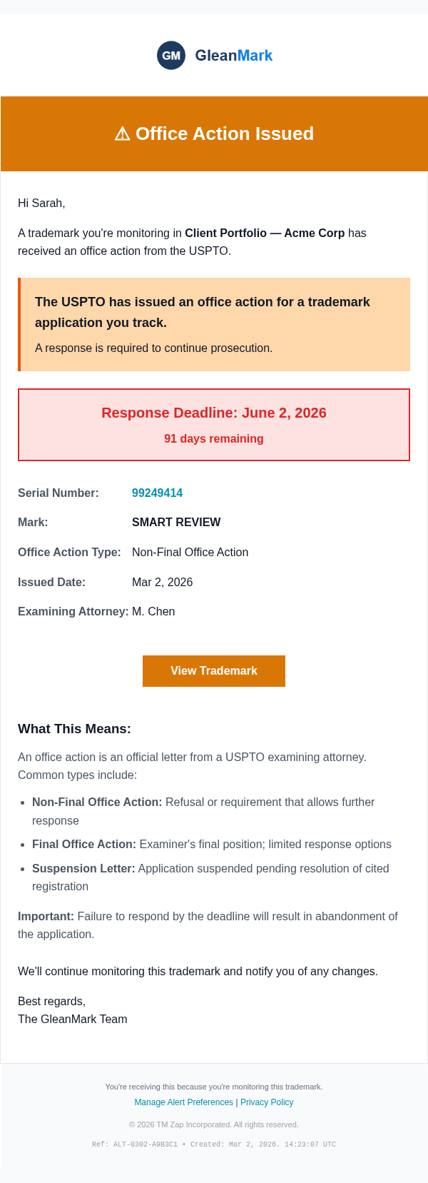 Office Action email alert — response deadline countdown with examining attorney details
