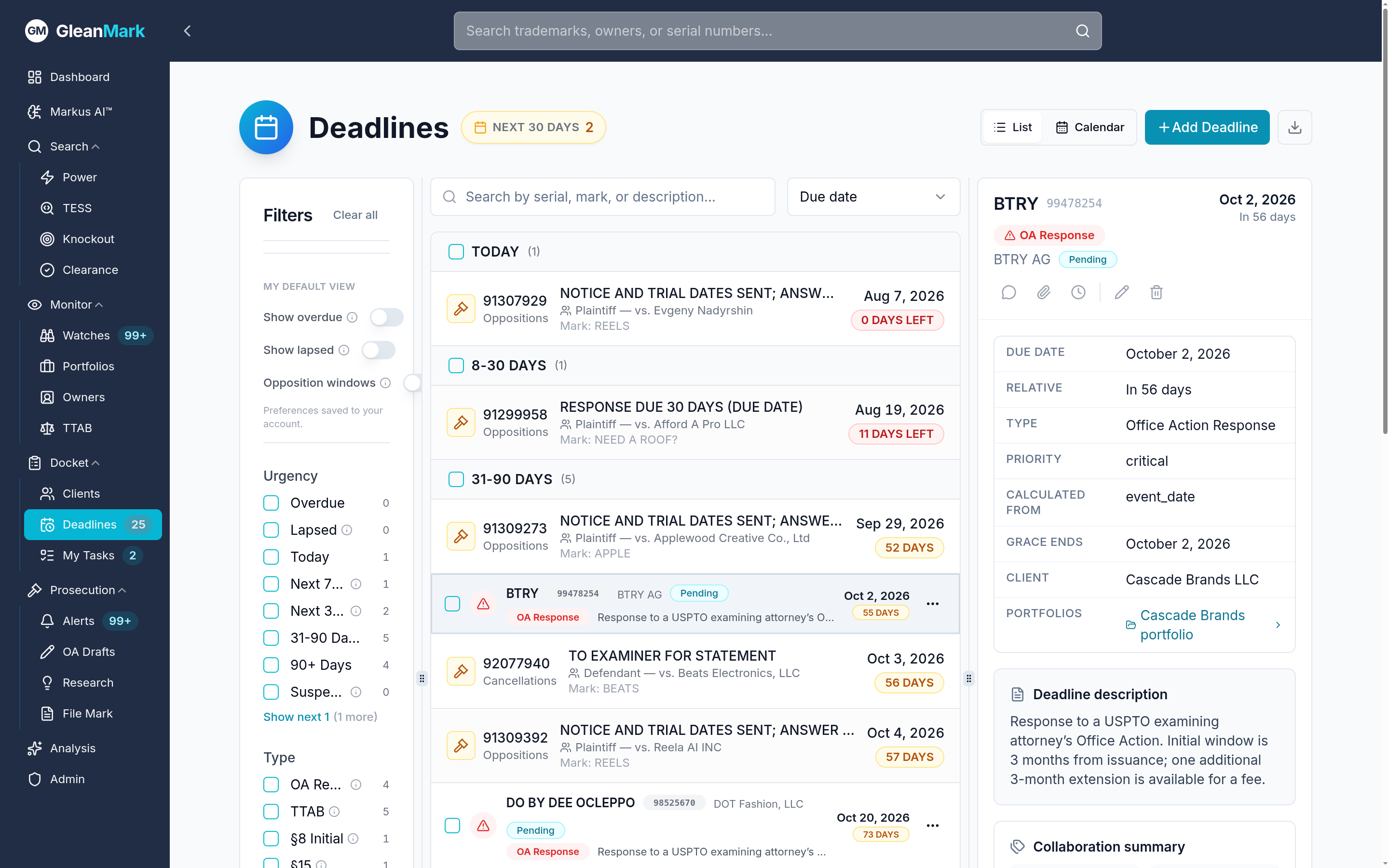 GleanMark deadline tracking generated automatically from the USPTO record, grouped by urgency with day counts