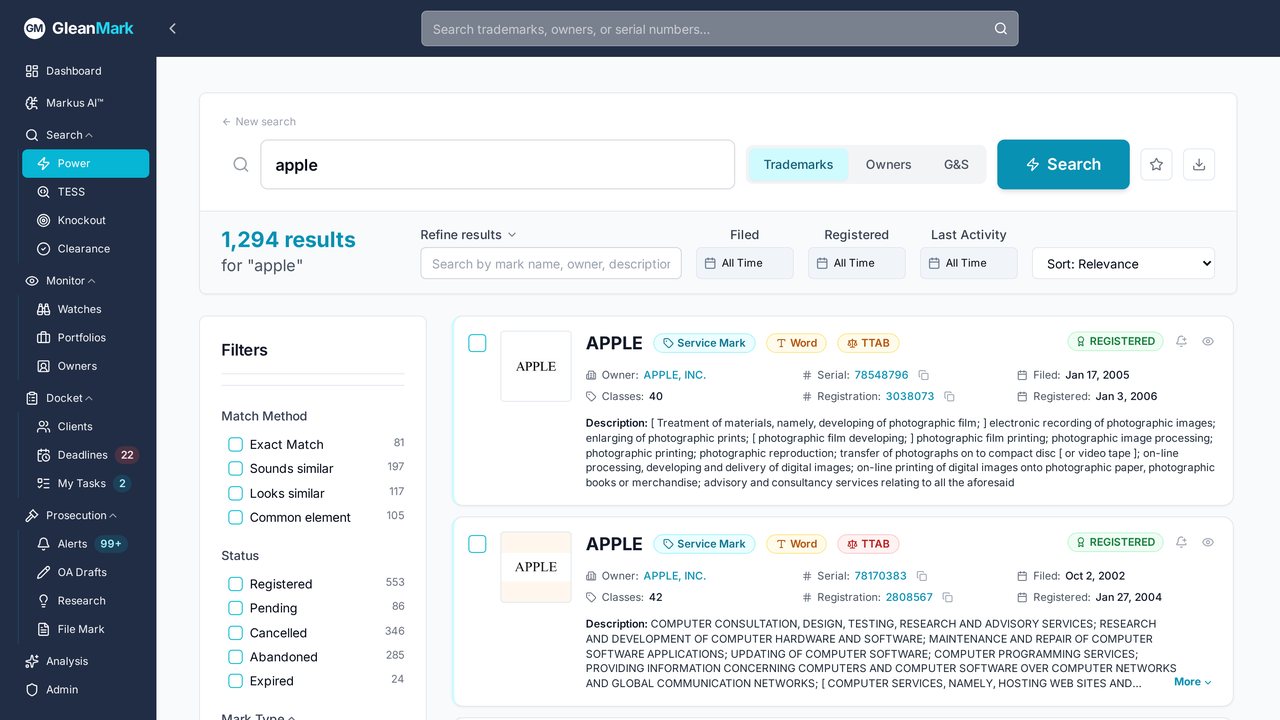 GleanMark in 70 Seconds — trademark search, clearance and office action drafting